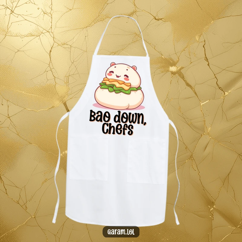 Funny apron featuring a happy bao bun in motion, rolling down a slope, perfect for kitchen fun and protection.