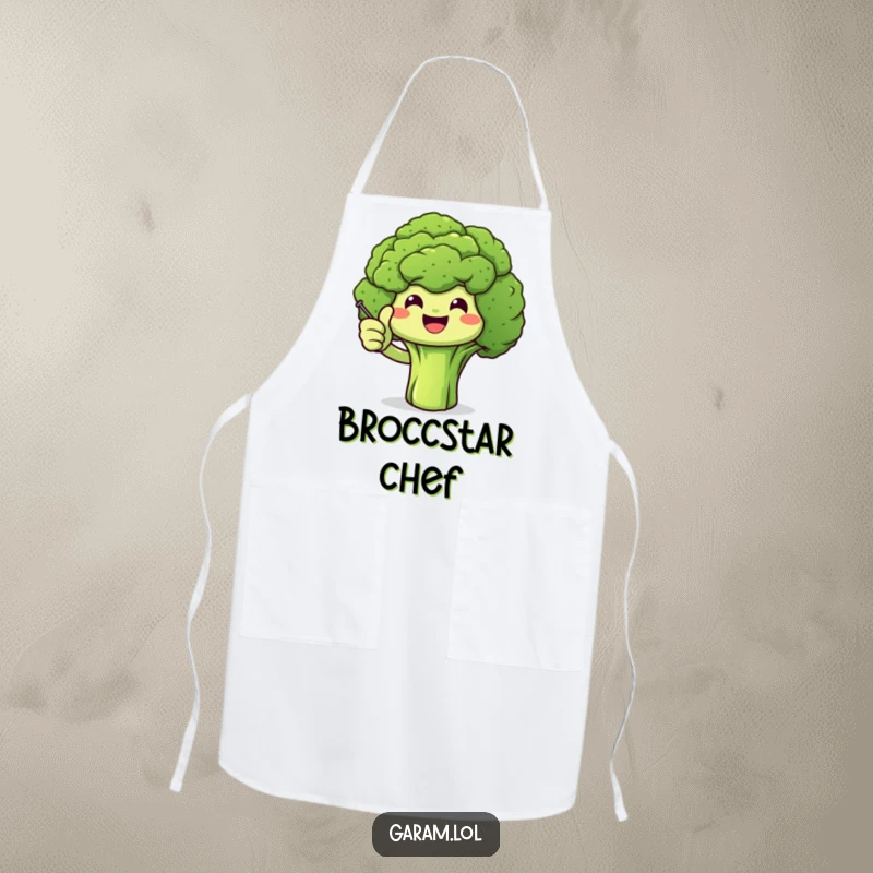 Funny broccoli giving a thumbs up on a kitchen apron, promoting healthy habits and cheerful cooking.