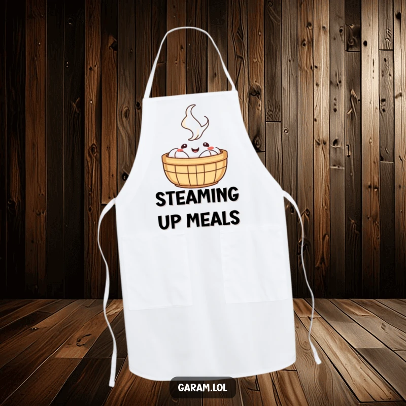 Funny apron featuring a happy dim sum basket with cheerful steam rising, adding humor to meal preparation.