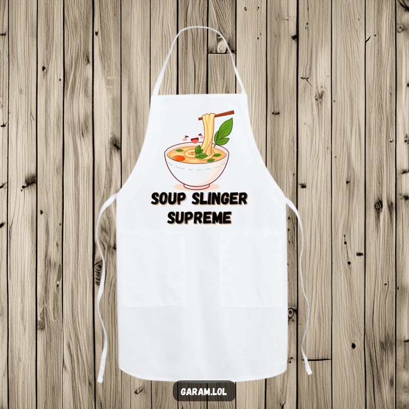 Funny bowl of pho happily slurping a noodle on a kitchen apron, celebrating Vietnamese food culture.