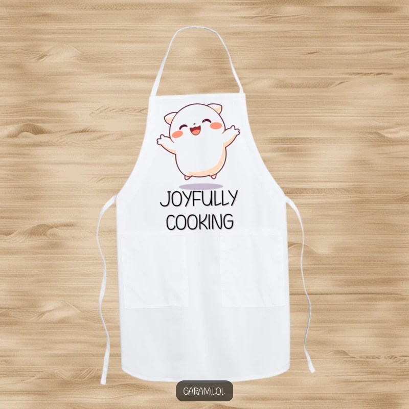 Funny dumpling apron showcasing a happy dumpling in a joyful jump, designed for food prep with a side of laughter.