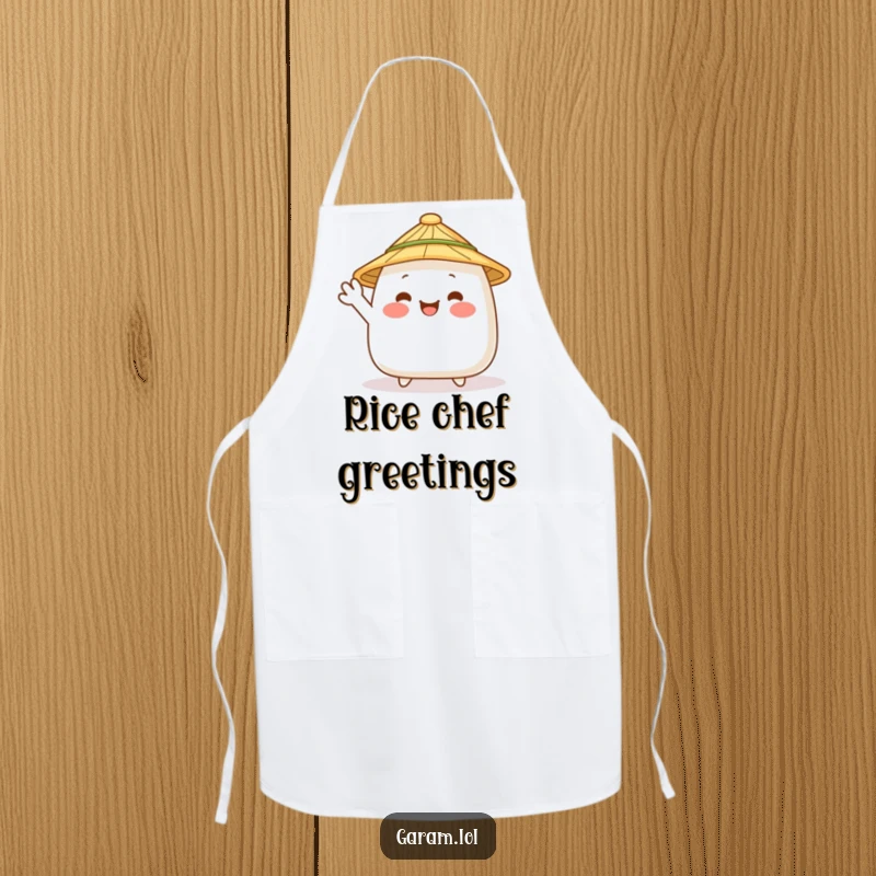 Funny onigiri wearing a straw hat, waving on a kitchen apron, celebrating Japanese food and playful cooking.