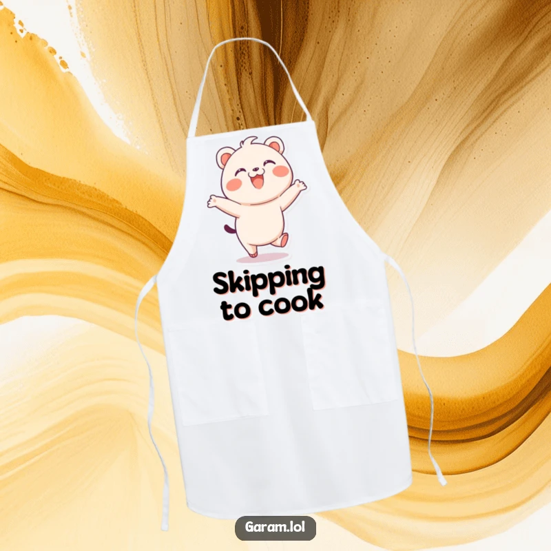 Funny bao apron showcasing a delighted bao skipping playfully with a wide smile, adding humor to kitchen tasks.