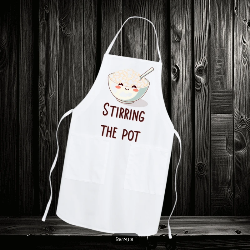 Funny apron showcasing a smiling bowl of rice with a tiny spoon stirring, adding humor to meal prep.
