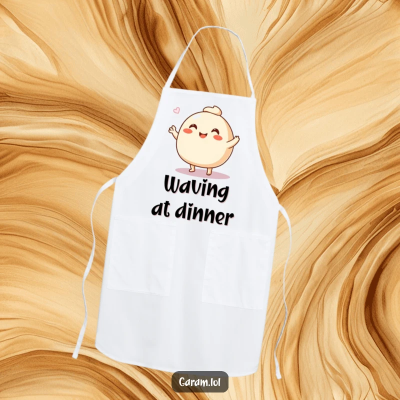 Funny steamed bun apron displaying a cheerful bun waving hello with its legs, adding humor to kitchen tasks.