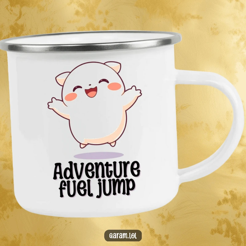 Funny dumpling camping mug featuring a happy jumping dumpling, designed for durable outdoor use with a touch of humor.