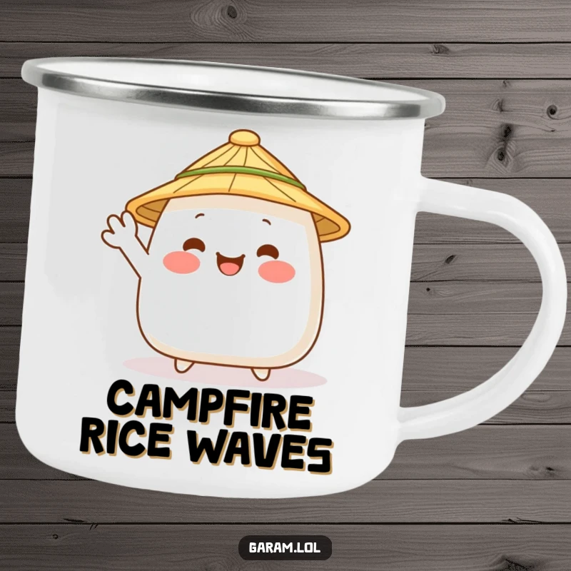 Funny onigiri with a straw hat waving on a durable camping mug, ideal for outdoor Japanese food enthusiasts.