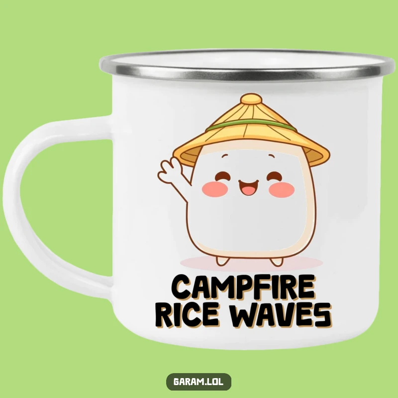 Funny Onigiri Waving Camping Mug: Japanese Food Fun Outdoors