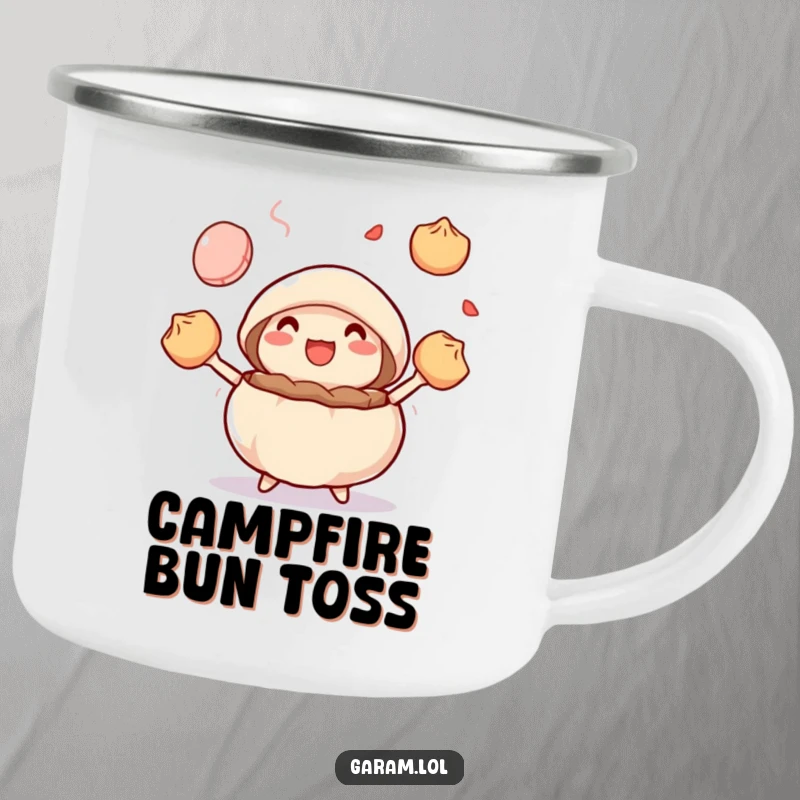 Funny steamed bun juggling colorful dumplings on a durable camping mug, ideal for outdoor dim sum enthusiasts.