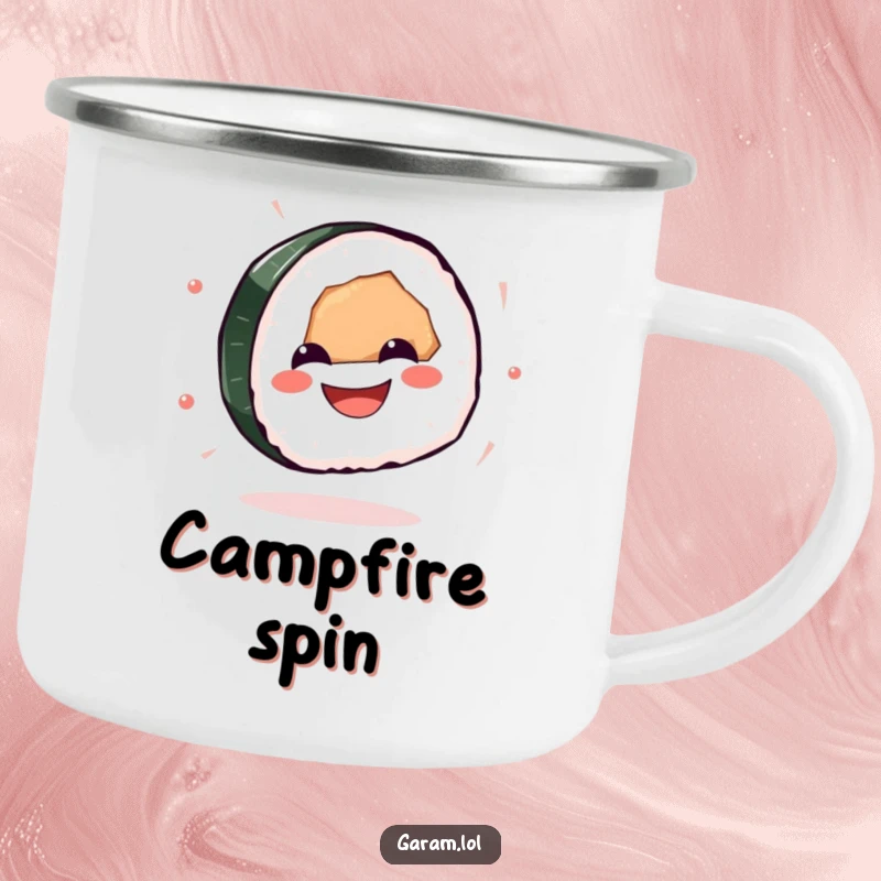 Funny sushi camping mug featuring a grinning sushi piece spinning with glee, designed for durability and outdoor fun.