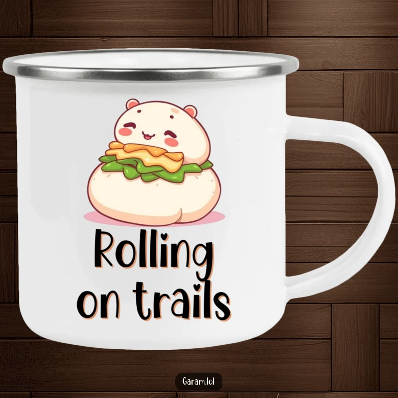 Funny camping mug illustrated with a content bao bun rolling down a slope, ready for any outdoor escapade.