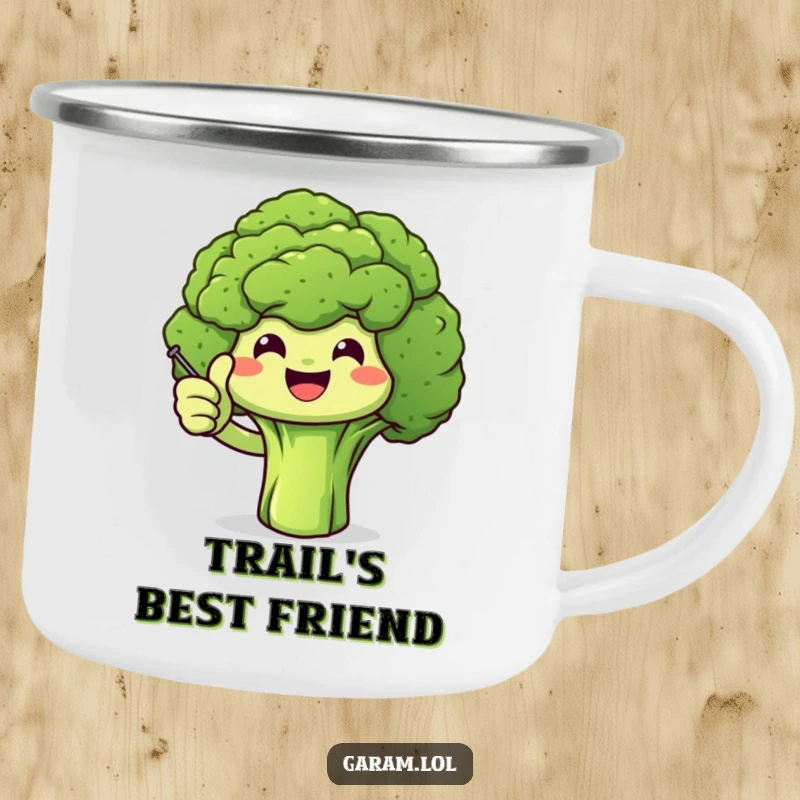 Funny broccoli giving a thumbs up on a durable camping mug, ideal for outdoor enthusiasts and healthy humor.