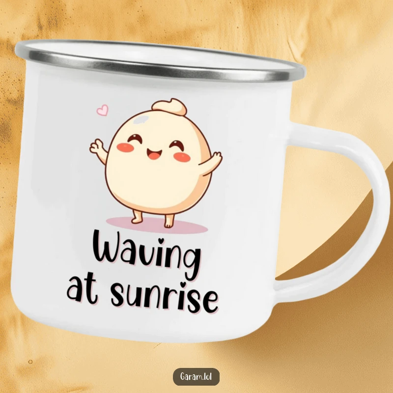 Funny steamed bun camping mug showing a cheerful bun waving with its legs, perfect for outdoor use and hot beverages.