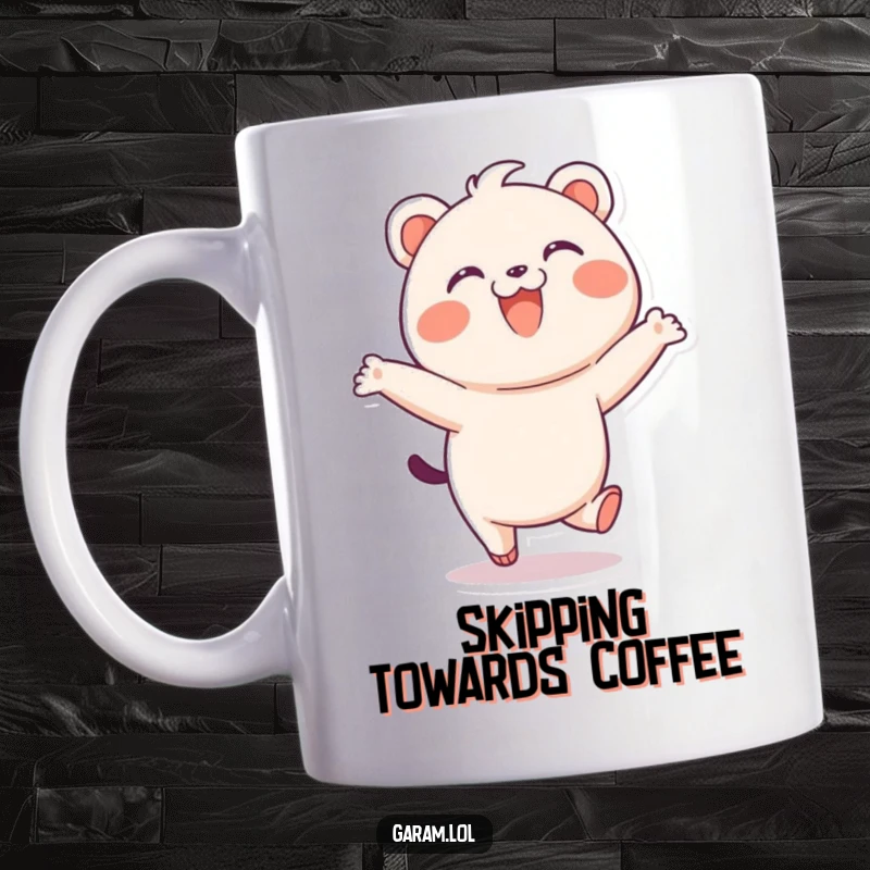Funny bao mug featuring a delighted bao doing a playful skip with a wide, cheerful smile.