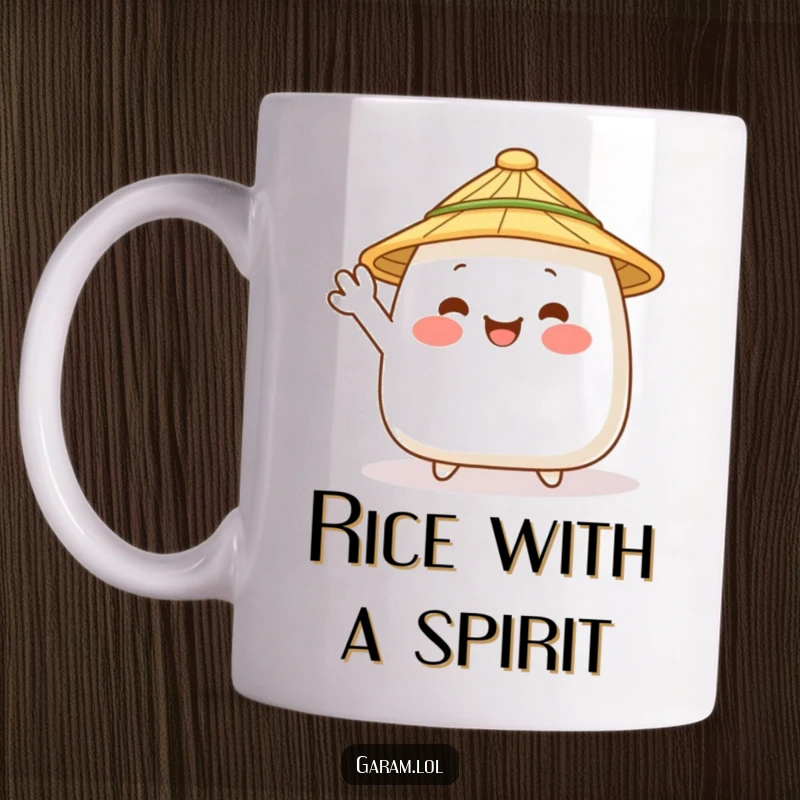 Funny happy onigiri wearing a straw hat, cheerfully waving on a mug, celebrating Japanese cuisine and friendly vibes.