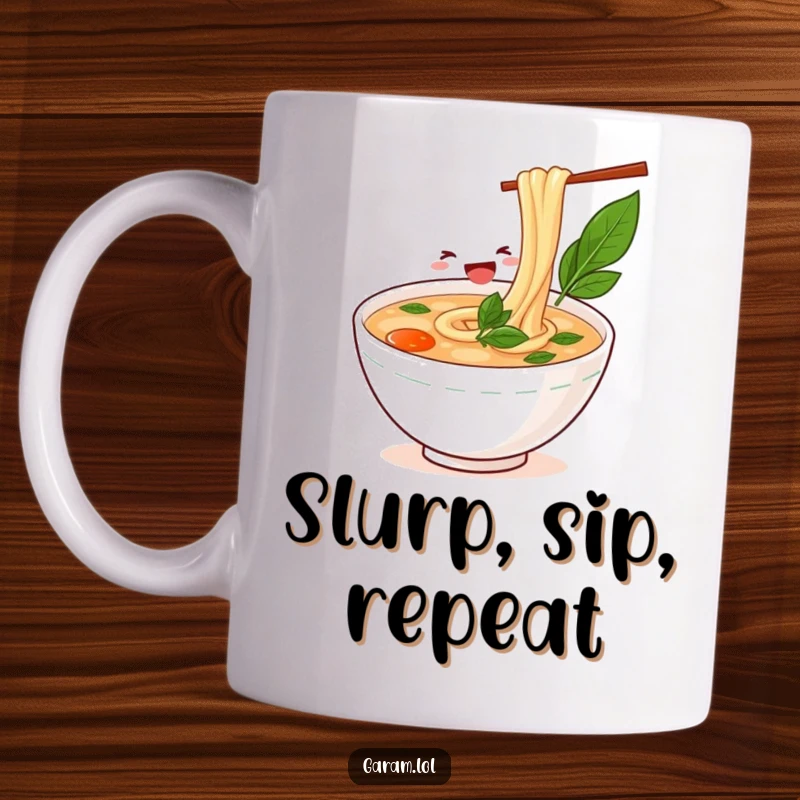 Funny bowl of pho happily slurping a long noodle on a mug, celebrating the joy of noodle soup.