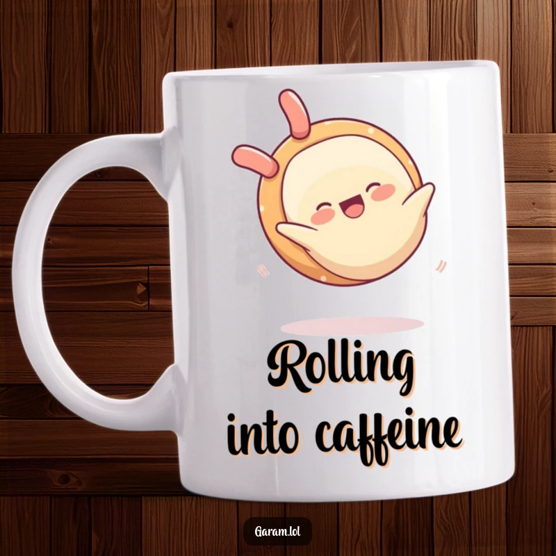 Funny mug illustration of a happy spring roll performing a graceful somersault with evident joy and enthusiasm.