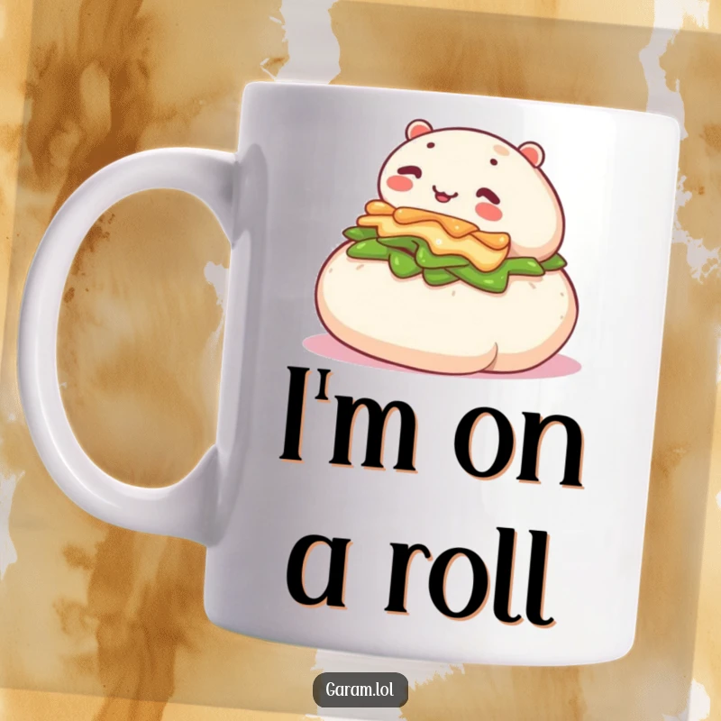 Funny mug illustration of a content bao bun happily rolling down a gentle green slope with a joyful expression.