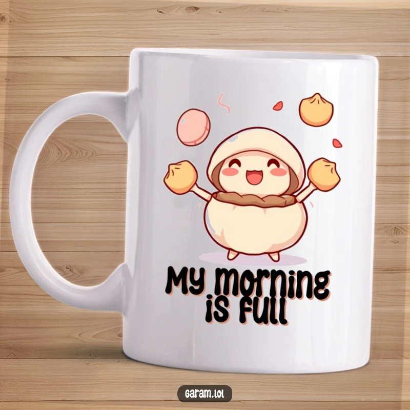 Funny delighted steamed bun juggling colorful dumplings on a mug, celebrating dim sum and playful food.