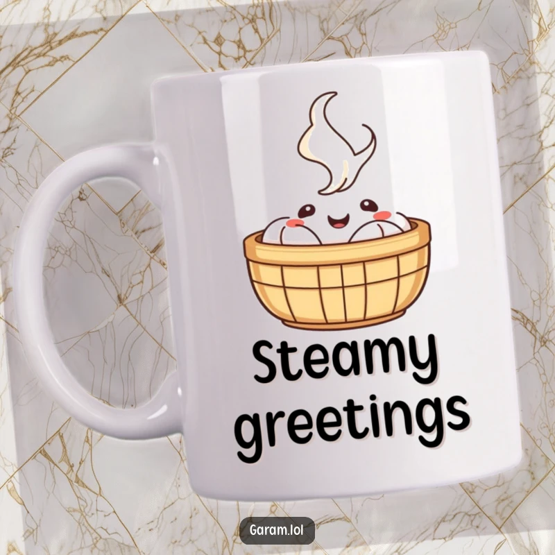 Funny mug illustration of a cheerful dim sum basket with happy, rising steam, conveying warmth and delight.