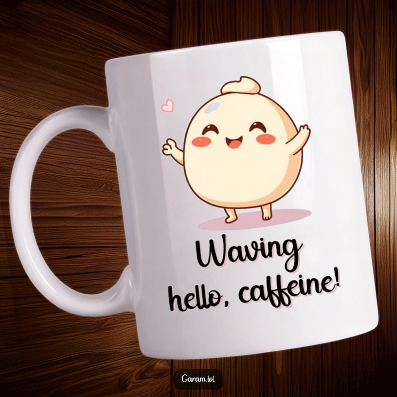 Funny steamed bun mug featuring a cheerful bun waving hello with its tiny legs, radiating friendly vibes.