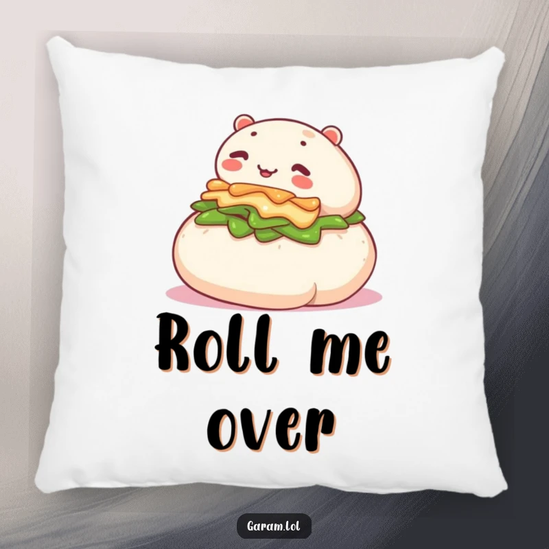 Funny pillow illustration of a content bao bun in mid-roll on a gentle slope, designed for maximum cuteness and comfort.