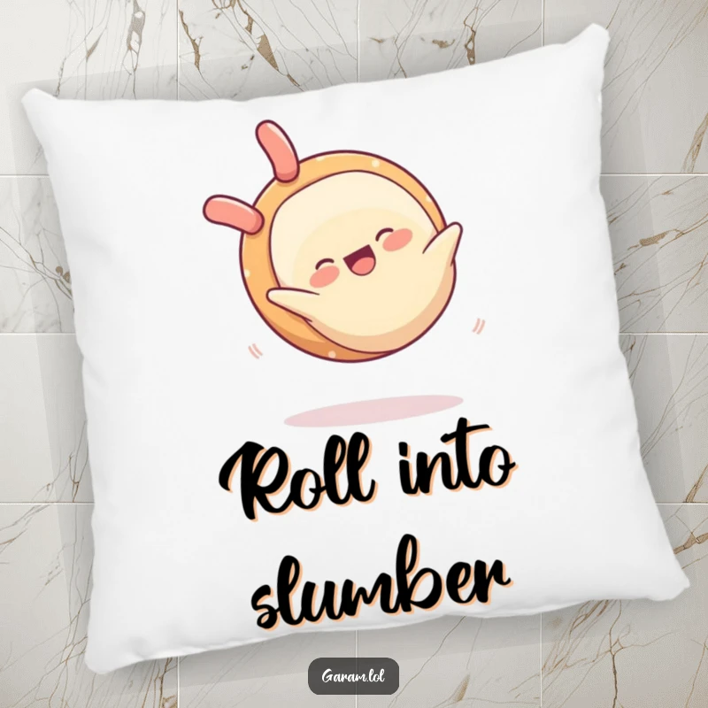 Funny pillow design of a happy spring roll performing a somersault, perfect for cozying up with humor.