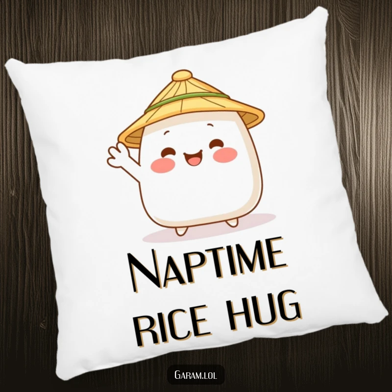 Funny onigiri with a straw hat waving on a soft pillow, perfect for comfort and Japanese food lovers.
