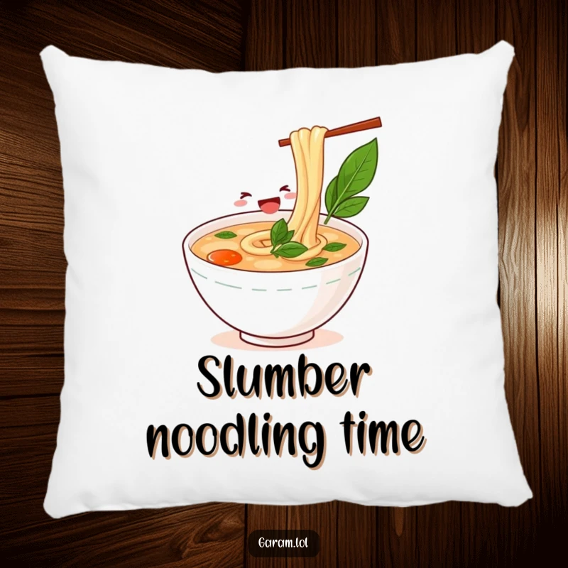 Funny bowl of pho happily slurping a noodle on a soft pillow, perfect for comfort and food enthusiasts.