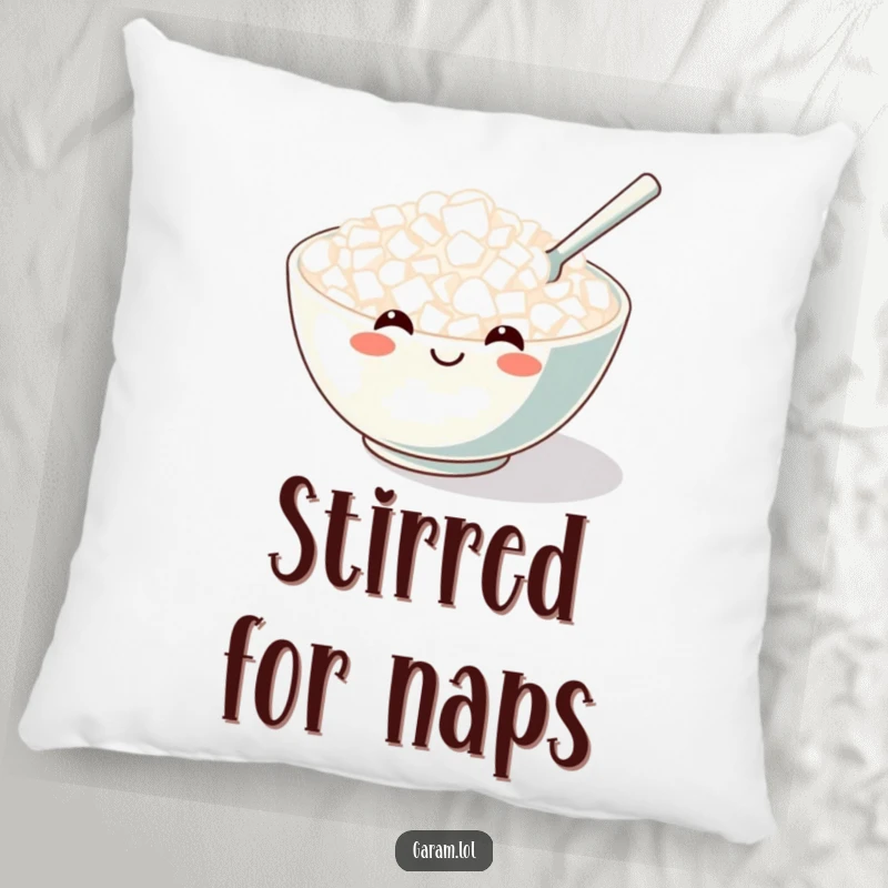 Funny pillow design of a happy, smiling rice bowl being stirred by a cute, tiny spoon, perfect for comfort.