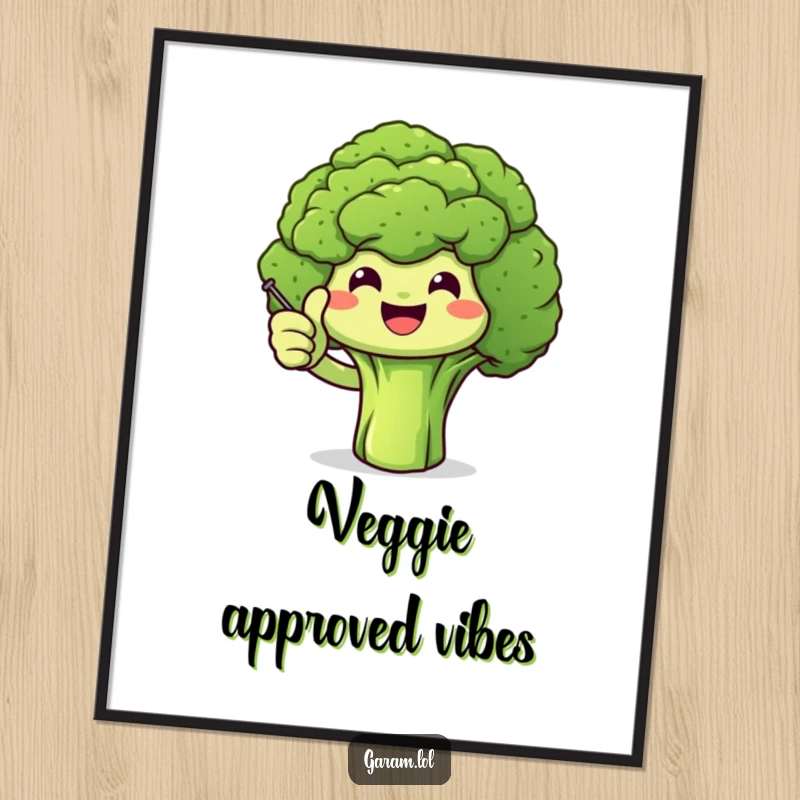 Funny broccoli character giving a thumbs up with a tiny stick, offered as a digital print for instant decor.