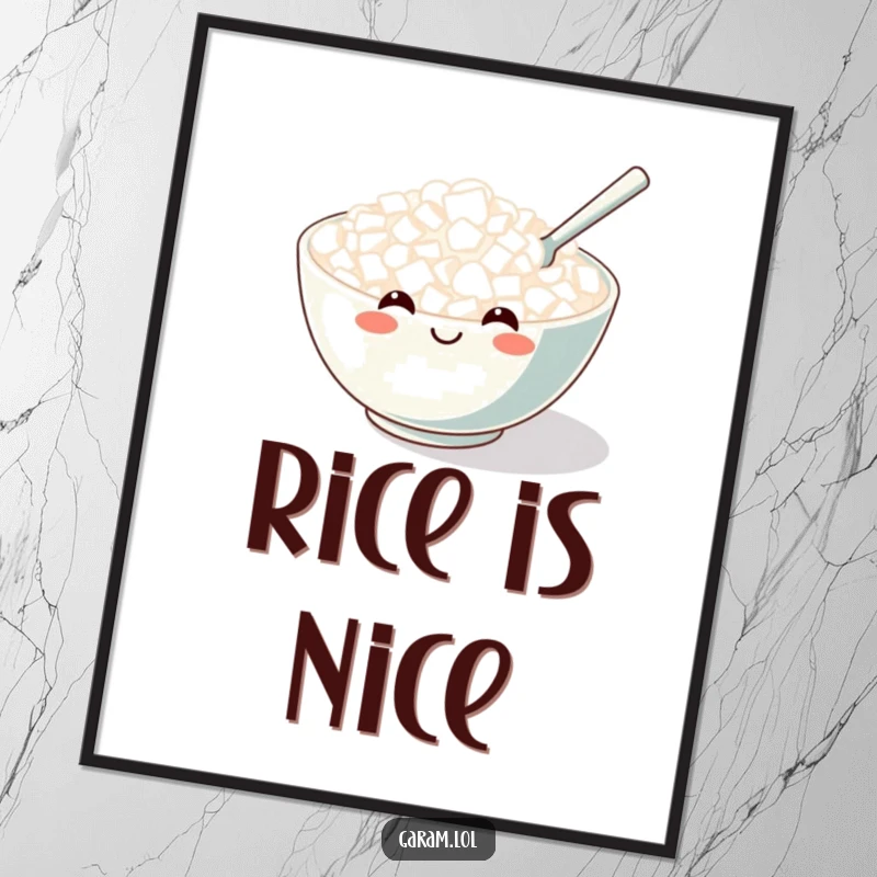 Funny digital art of a smiling rice bowl with a tiny spoon stirring, radiating warmth and happiness.