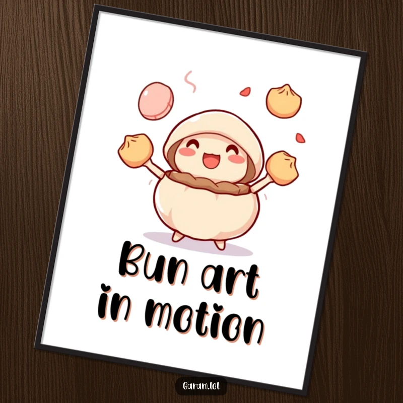 Funny delighted steamed bun juggling colorful dumplings, offered as a digital print for immediate humorous wall art.