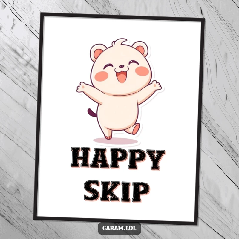 Funny bao digital art print of a delighted bao skipping playfully with a wide smile, ideal for instant wall decor.