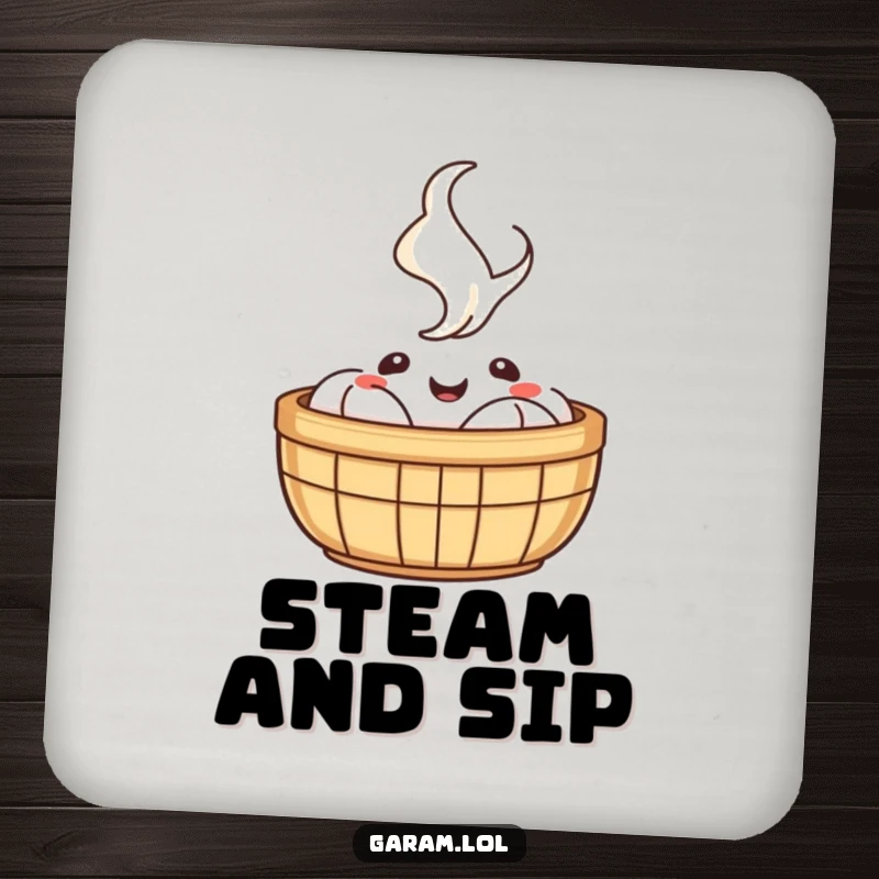 Funny coaster featuring a cheerful dim sum basket with happy rising steam, offering a cute and humorous surface protector.