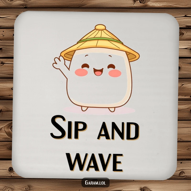 Funny onigiri with a straw hat waving on a coaster, adding a humorous touch to drink service.