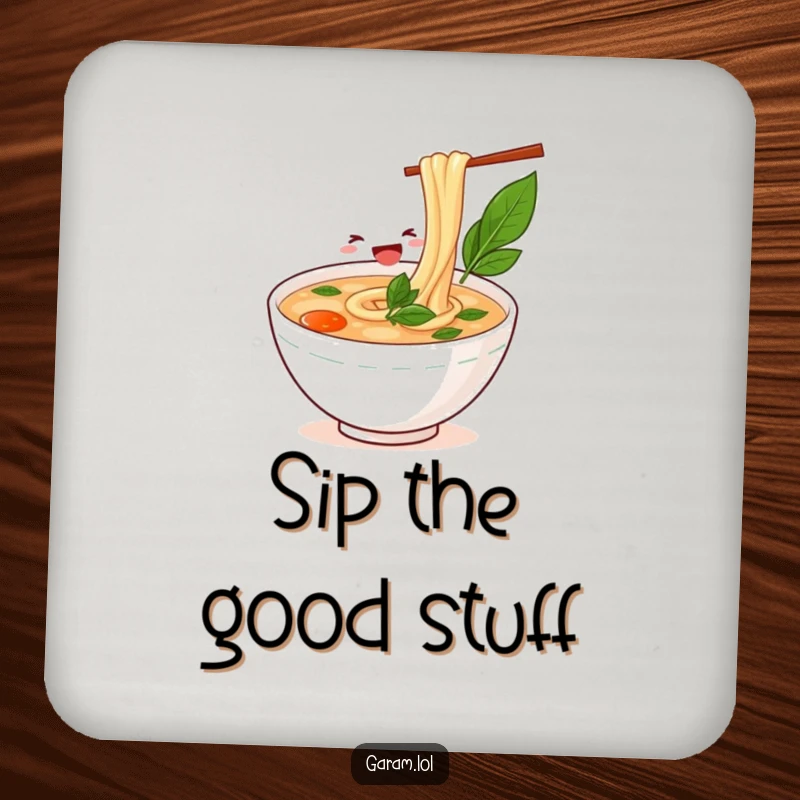 Funny bowl of pho happily slurping a noodle on a coaster, adding a humorous touch to drink service.