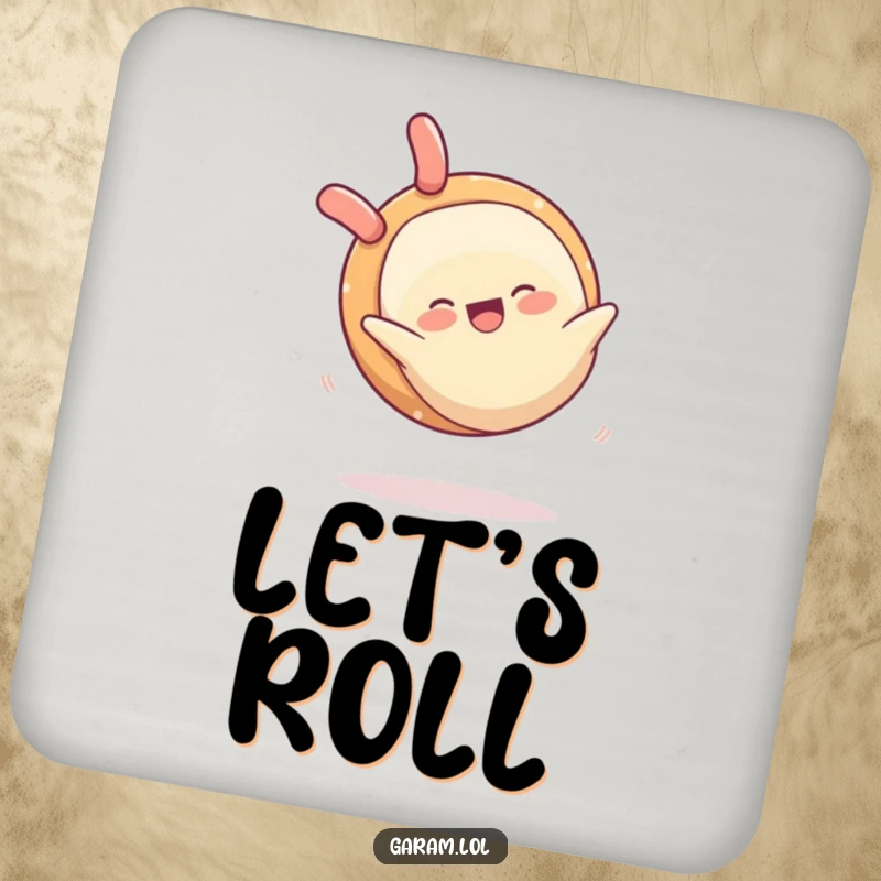 Funny coaster featuring a cheerful spring roll performing a somersault, offering a cute and humorous surface protector.