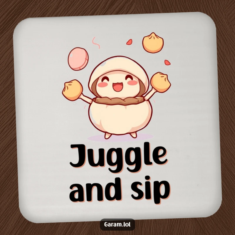 Funny steamed bun juggling colorful dumplings on a coaster, adding a humorous touch to drink service.