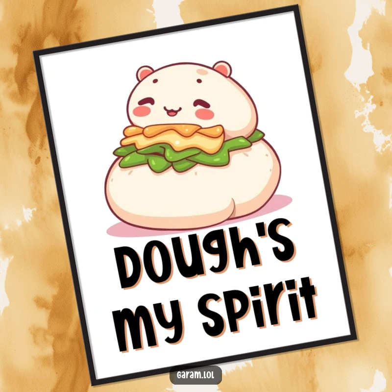 Funny poster art of a happy, round bao bun cheerfully rolling down a soft, green hill with a sense of freedom.