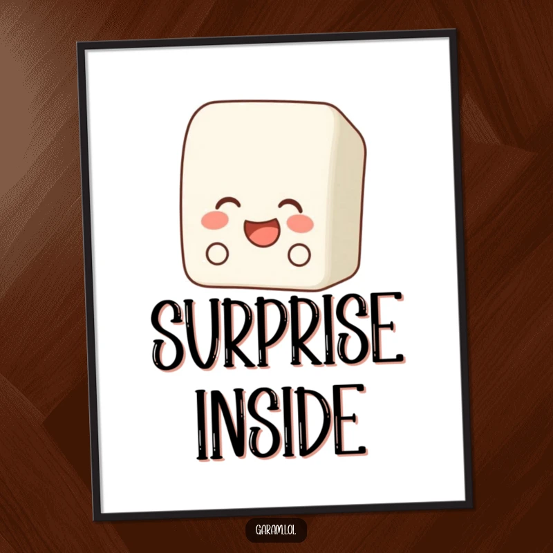 Funny bento box poster depicting a laughing bento box peeking out from behind another item, perfect for wall decor.