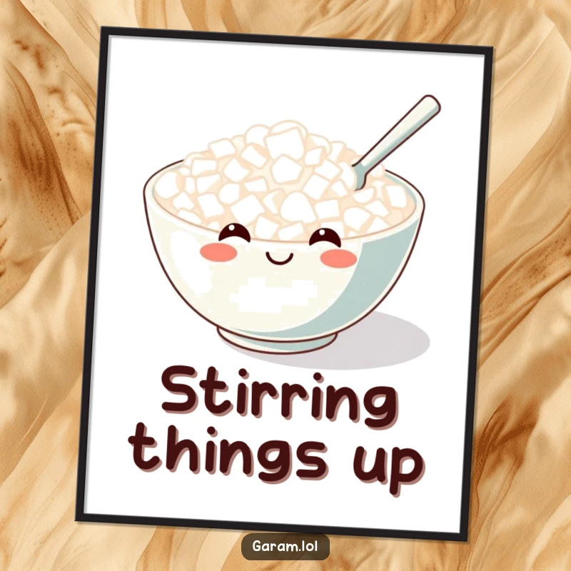 Funny poster featuring a beaming rice bowl with a tiny spoon actively stirring, conveying utmost contentment.