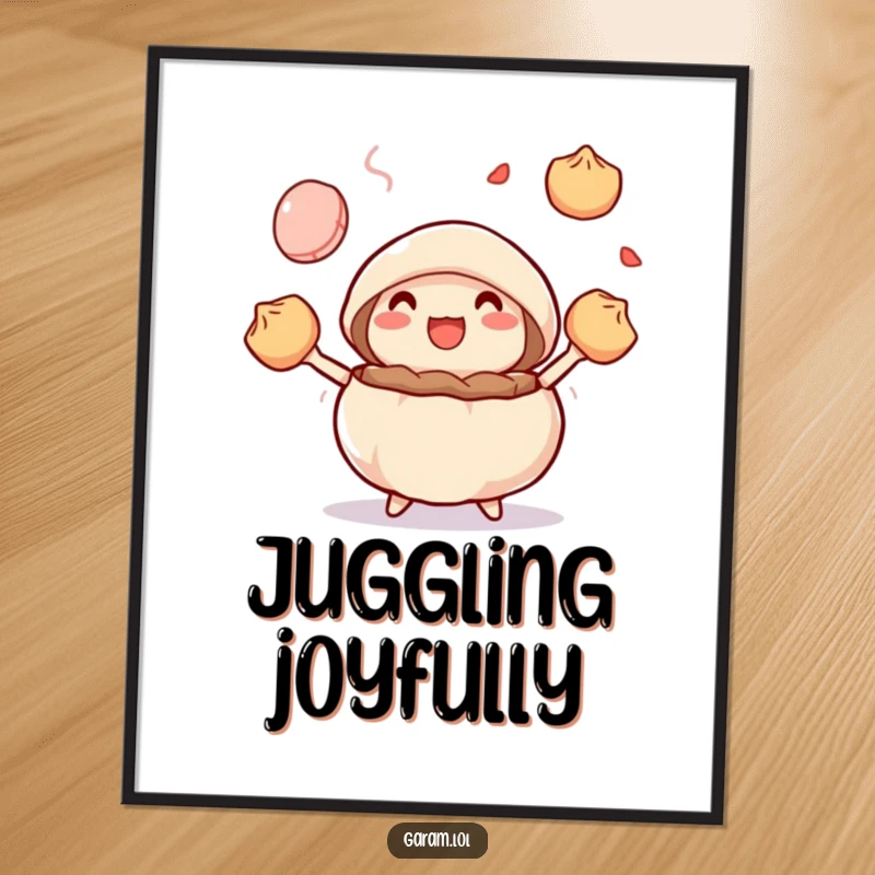 Funny delighted steamed bun juggling colorful dumplings on a poster, adding humorous dim sum art.