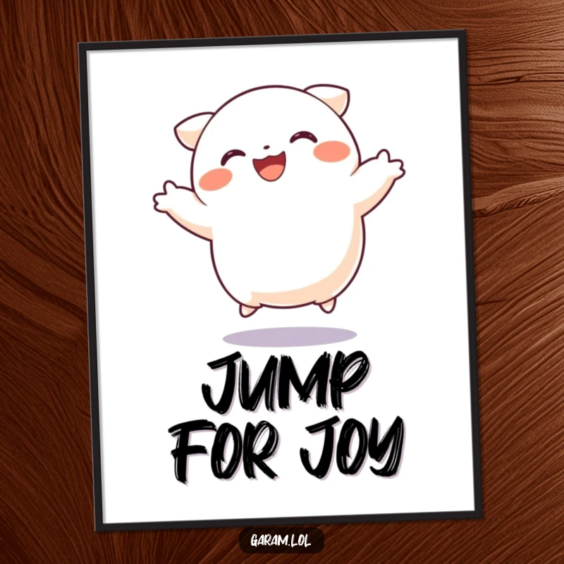 Funny dumpling poster depicting a happy dumpling in a joyful jump, adding cheerful food art to any room's decor.