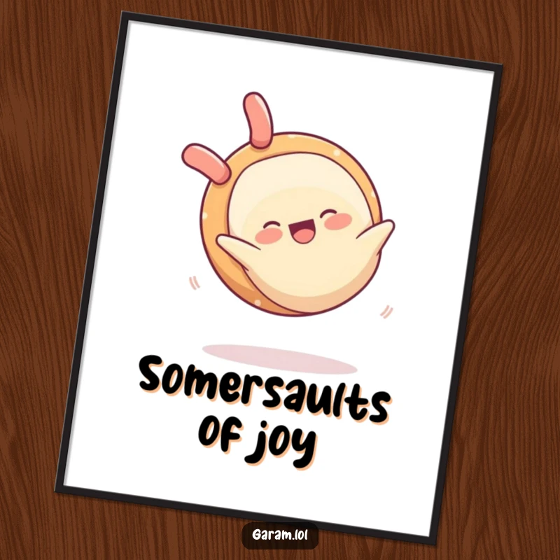 Funny poster featuring a happy spring roll captured mid-somersault, conveying movement and cheerful energy.