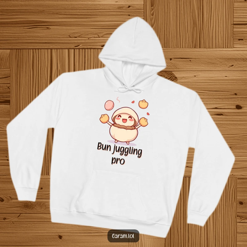 Funny steamed bun juggling dumplings on a cozy hoodie, offering comfort and a delightful dose of humor.