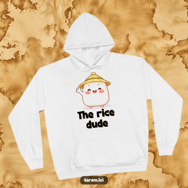 Funny onigiri with a straw hat waving on a cozy hoodie, offering comfort and a delightful dose of humor.