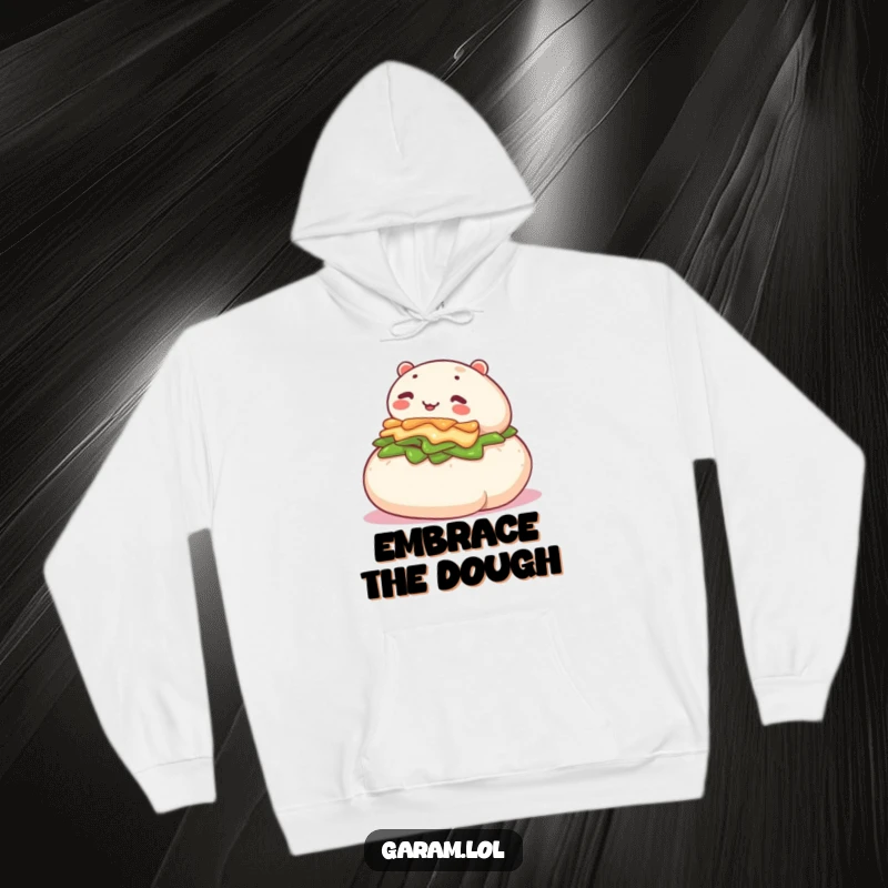 Funny hoodie design showcasing a content bao bun embarking on a joyous downhill roll, full of playful energy.