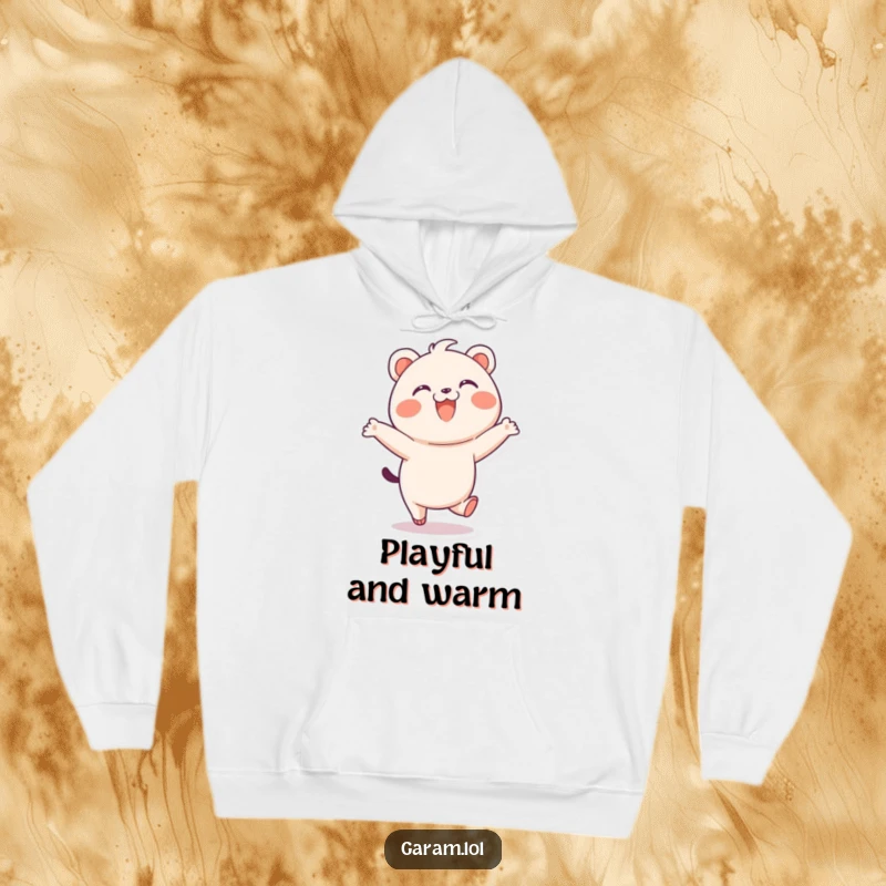 Funny bao hoodie featuring a delighted bao skipping playfully with a wide smile, designed for ultimate comfort.