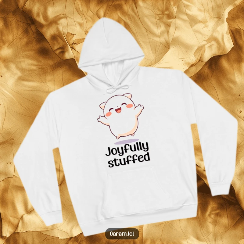 Funny dumpling hoodie illustrating a happy dumpling leaping with joy, designed for ultimate comfort and a touch of playful humor.